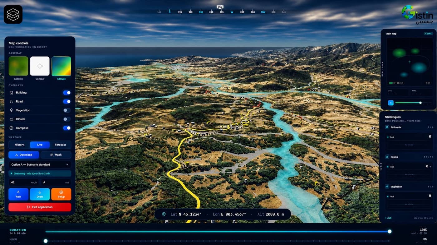 Gistin 3D digital twin — terrain and hydrology view of an Abu Dhabi corridor with flood overlay